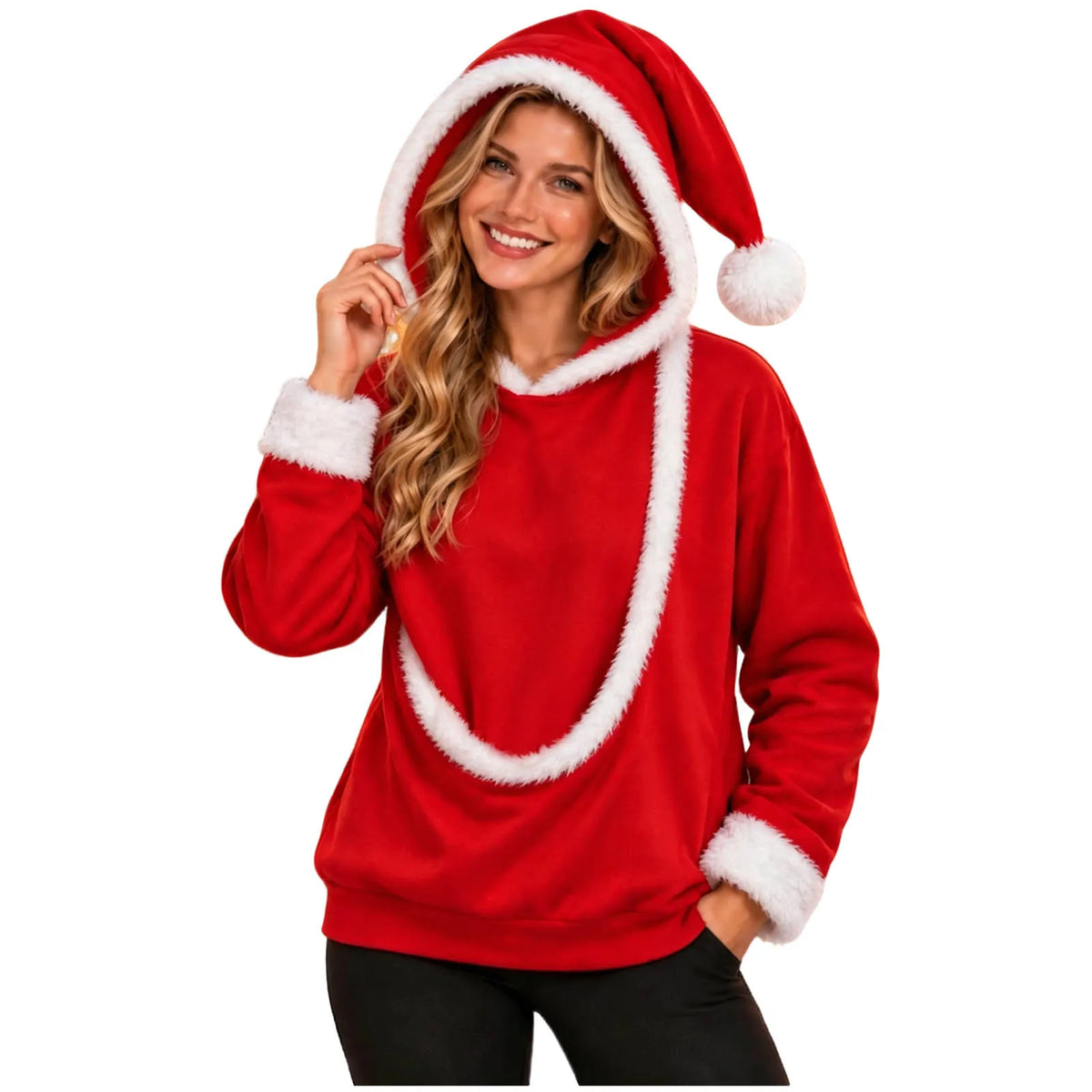 Woman wearing the Santa pet pouch hoodie with the Santa hat hood up